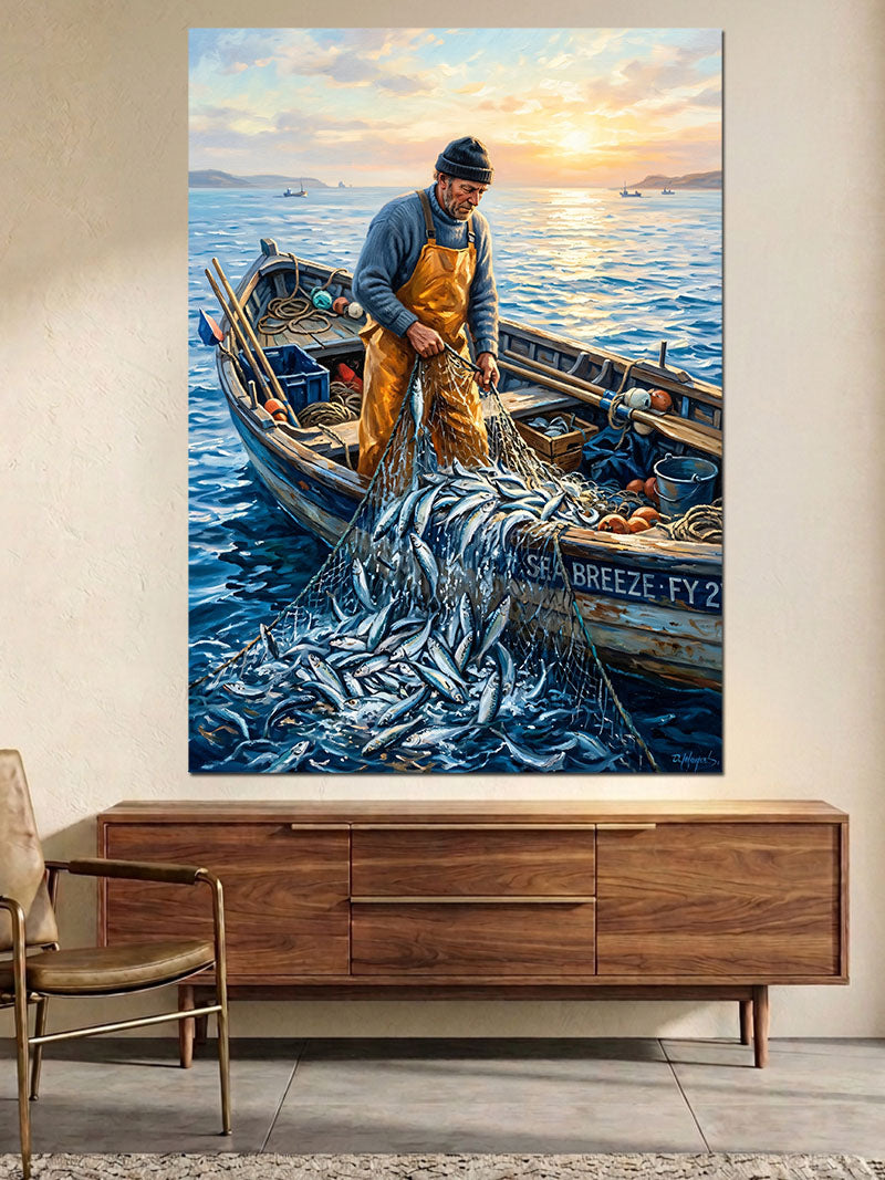 Denizde Ağlarını Çeken Balıkçı Teknesi Kanvas Tablo