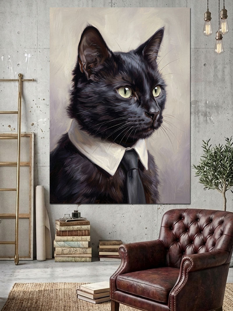 Gravat Takmış Karizmatik Siyah Kedi Kanvas Tablo