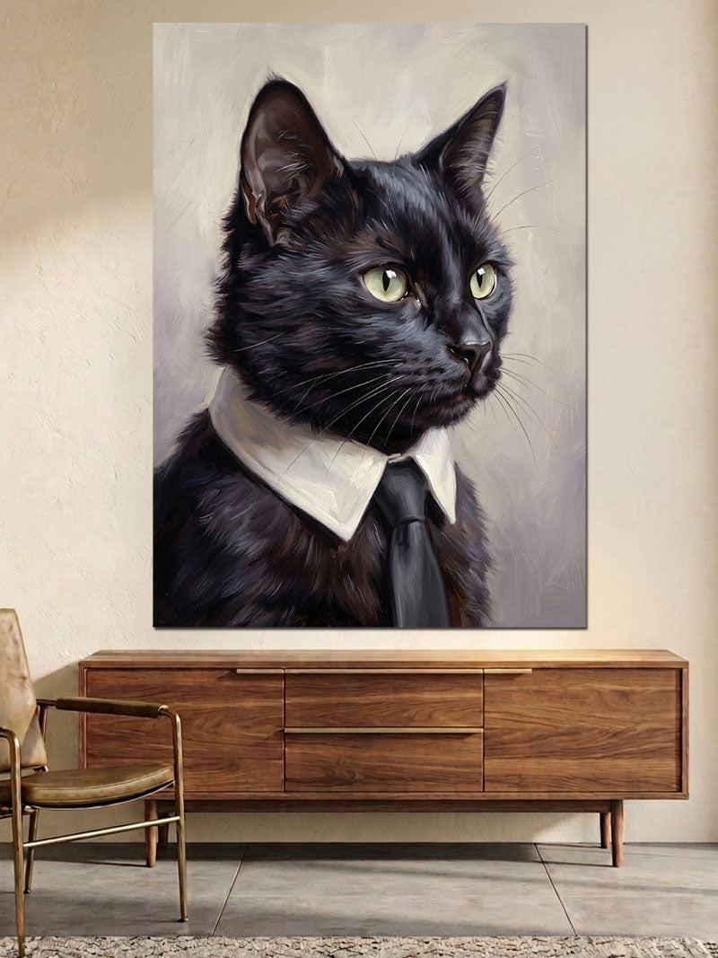 Gravat Takmış Karizmatik Siyah Kedi Kanvas Tablo