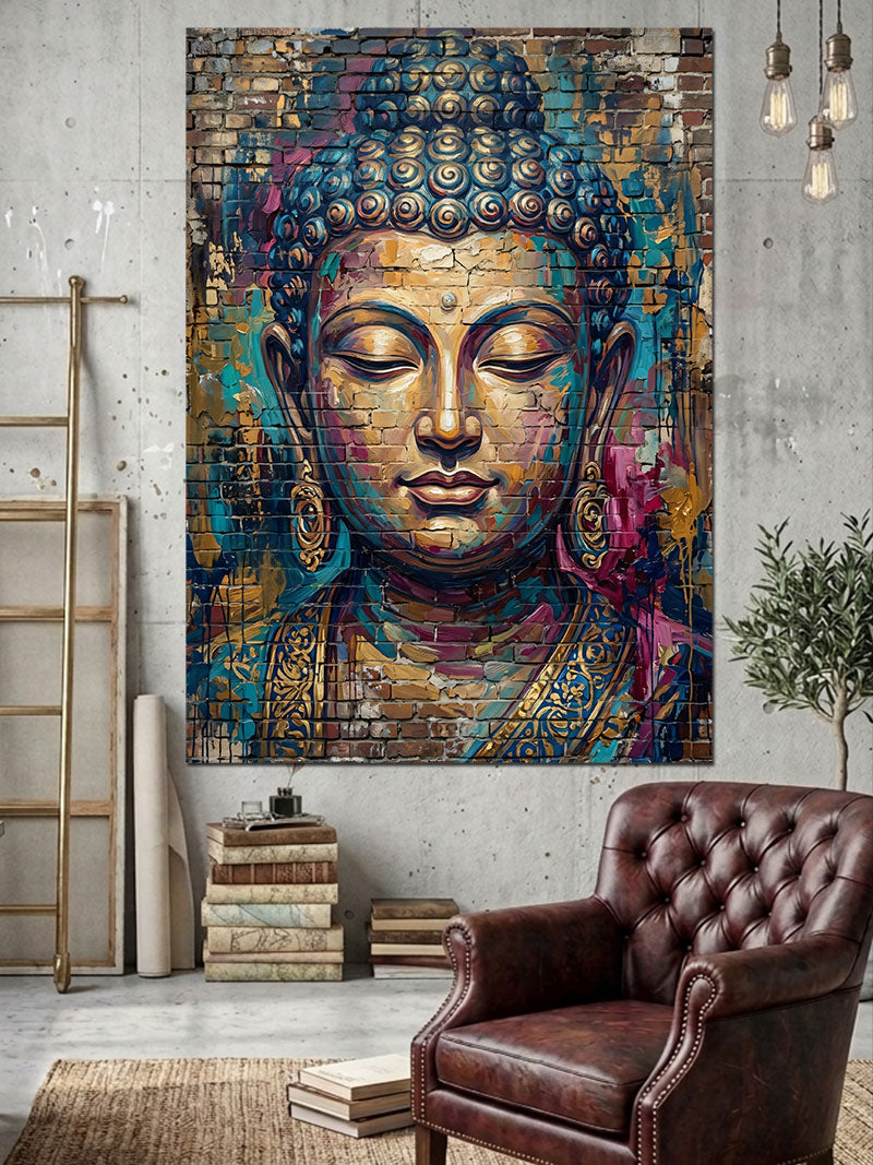Renkli Boya Sıçramalı Buda Portresi Kanvas Tablo
