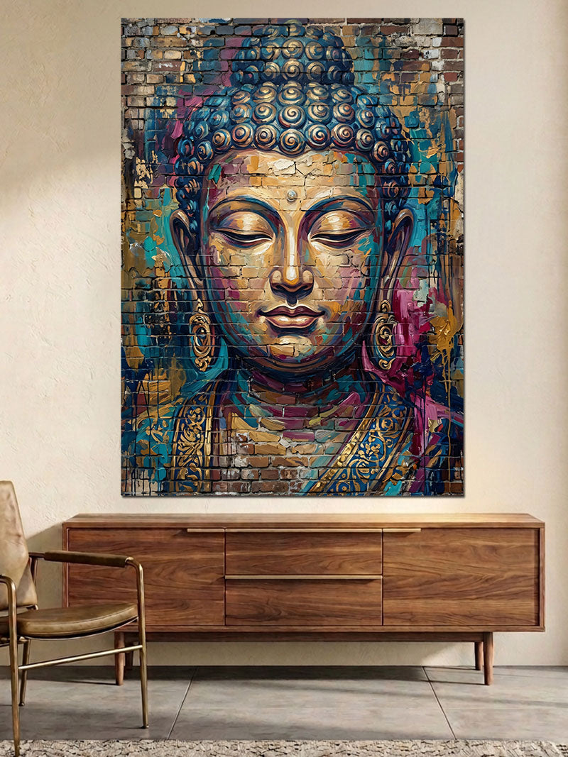 Renkli Boya Sıçramalı Buda Portresi Kanvas Tablo