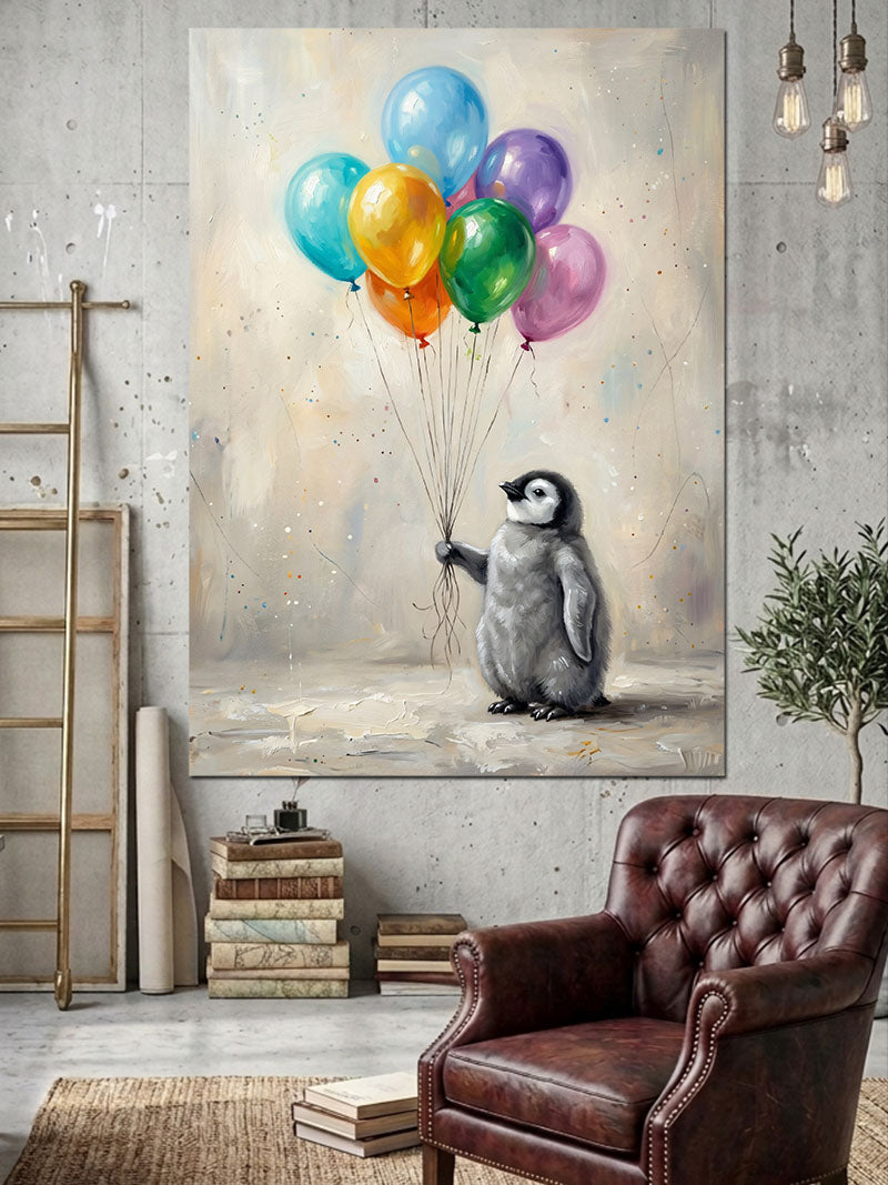 Balon Tutan Sevimli Küçük Penguen Kanvas Tablo