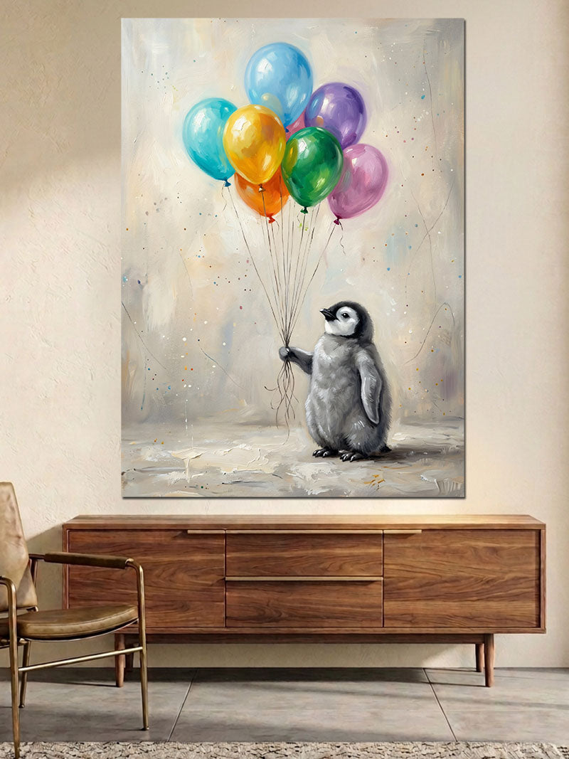 Balon Tutan Sevimli Küçük Penguen Kanvas Tablo