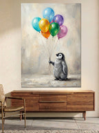 Balon Tutan Sevimli Küçük Penguen Kanvas Tablo
