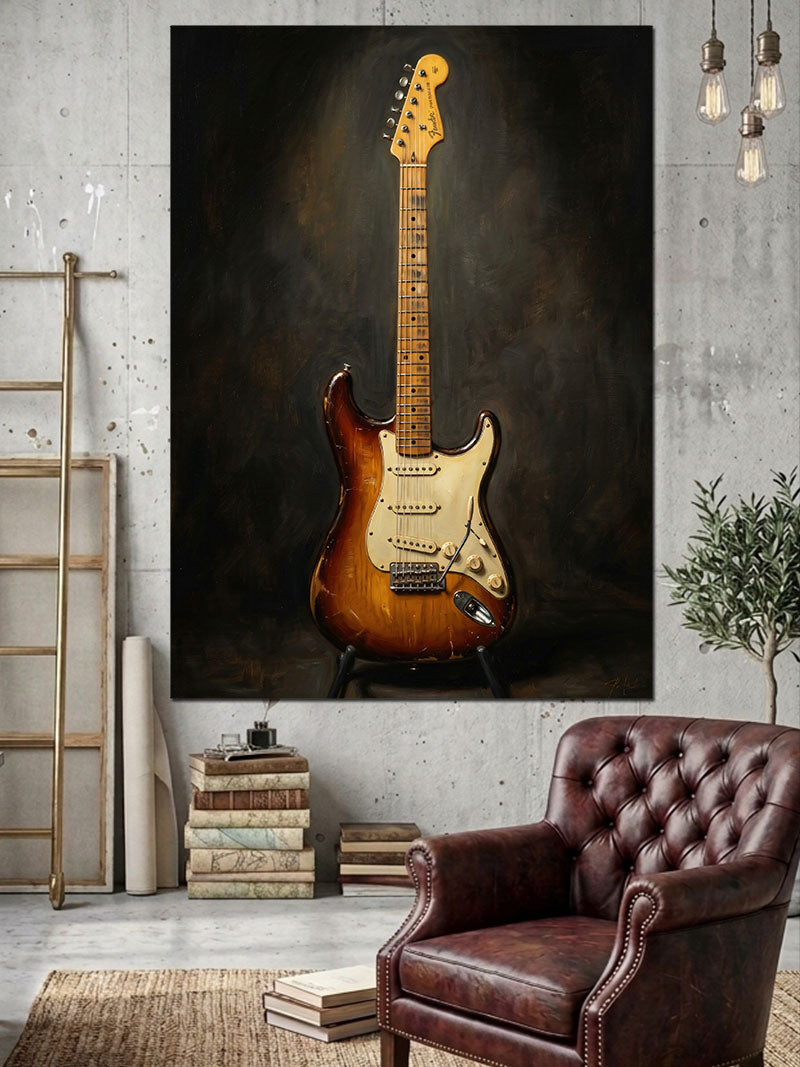 Siyah Arka Planda Elektro Gitar Kanvas Tablo