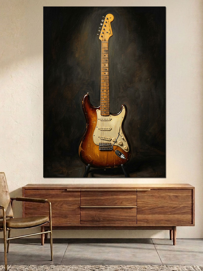 Siyah Arka Planda Elektro Gitar Kanvas Tablo