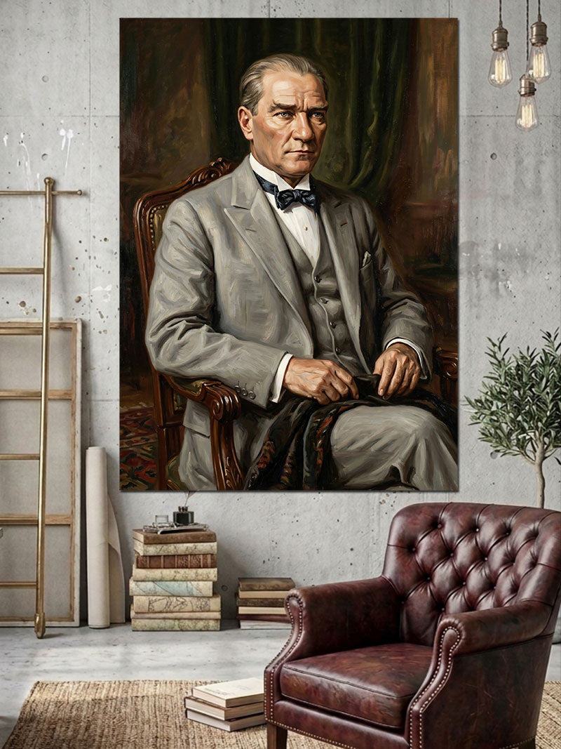 Koltukta Oturan Atatürk Portresi Kanvas Tablo