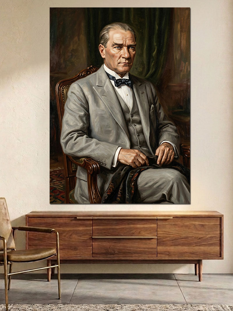 Koltukta Oturan Atatürk Portresi Kanvas Tablo