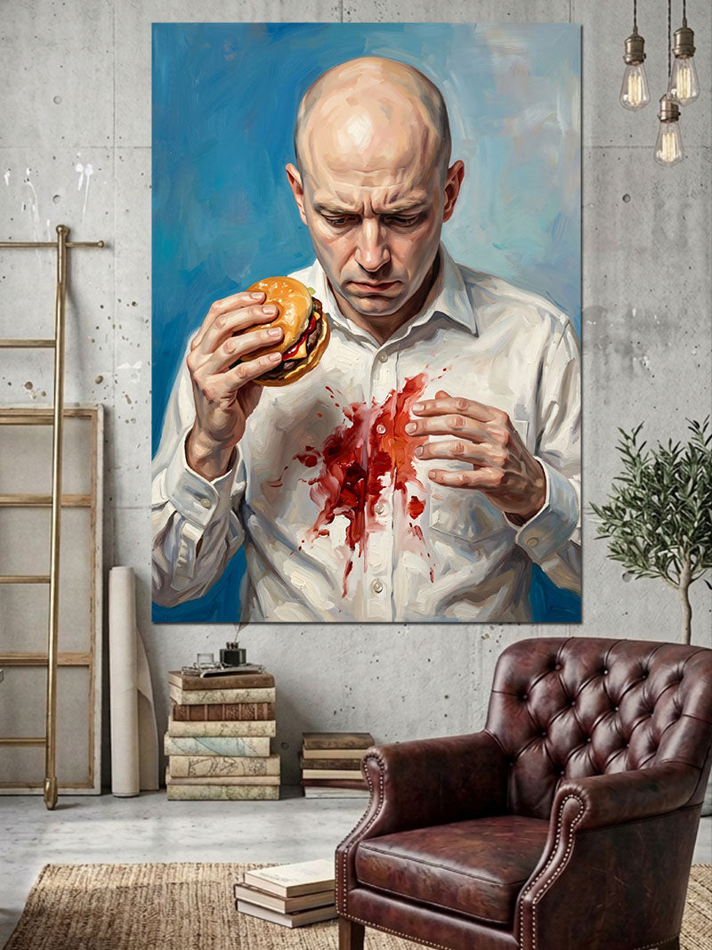 Hamburger Yiyen Lekeli Gömlekli Adam Kanvas Tablo