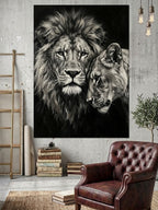 Siyah Beyaz Aslan Ve Dişi Kanvas Tablo