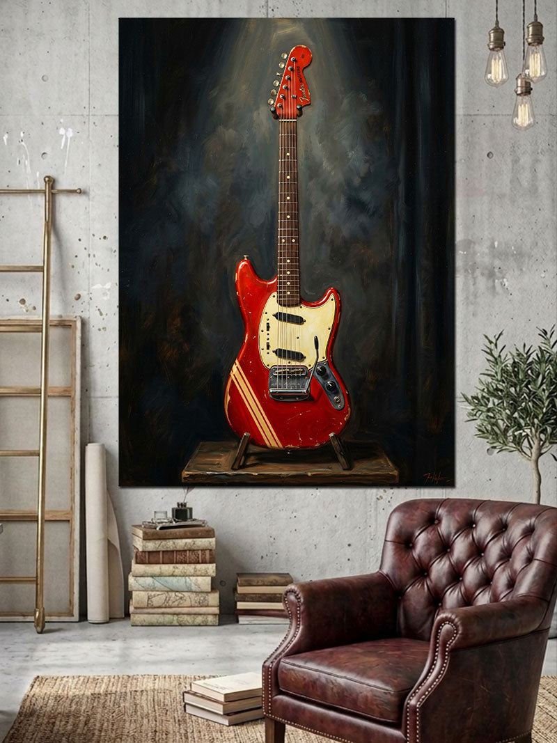 Karanlıkta Parlayan Kırmızı Elektro Gitar Kanvas Tablo