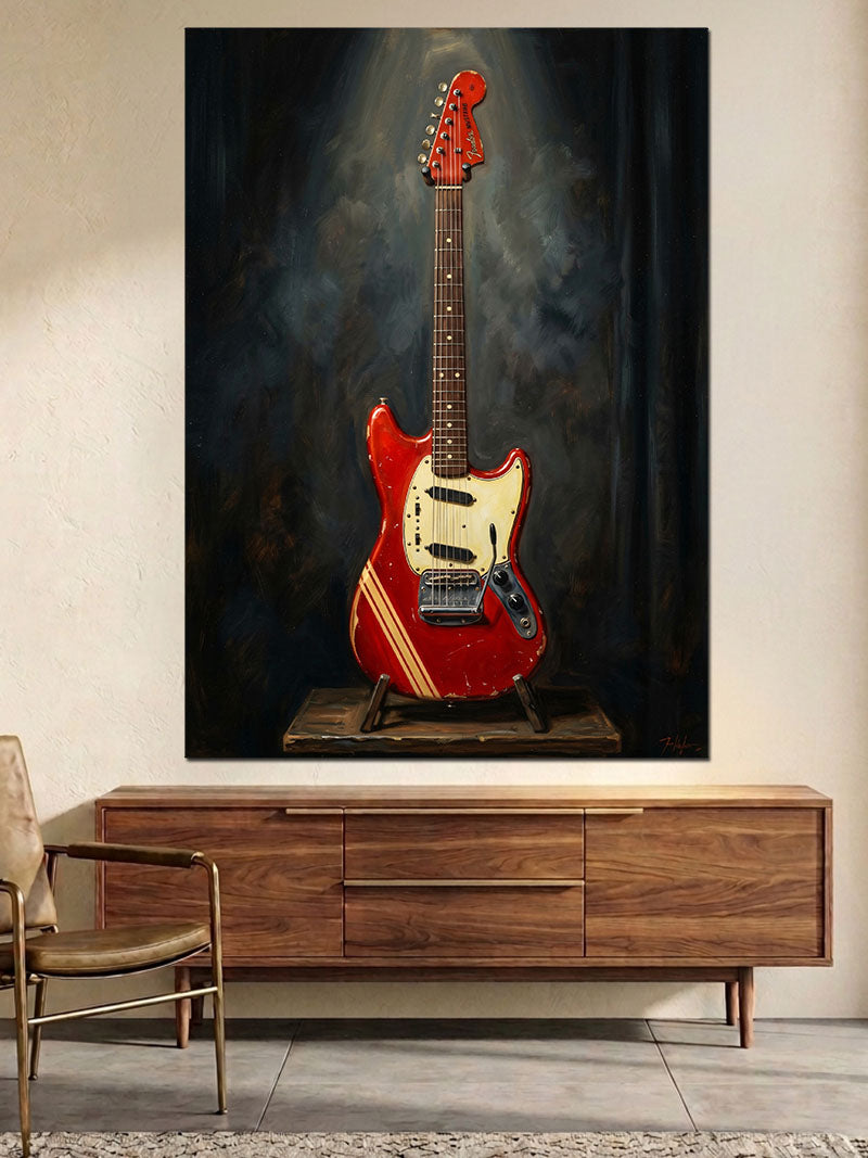 Karanlıkta Parlayan Kırmızı Elektro Gitar Kanvas Tablo