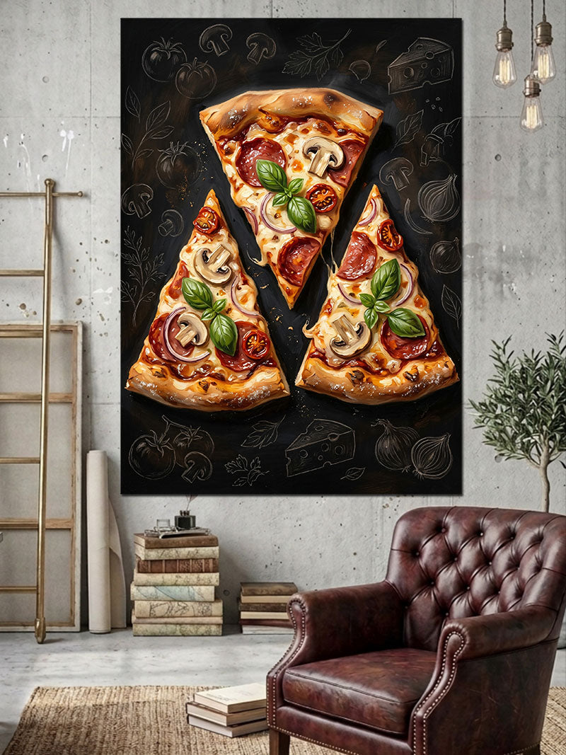 Siyah Zeminde İki Dilim Pizza Kanvas Tablo