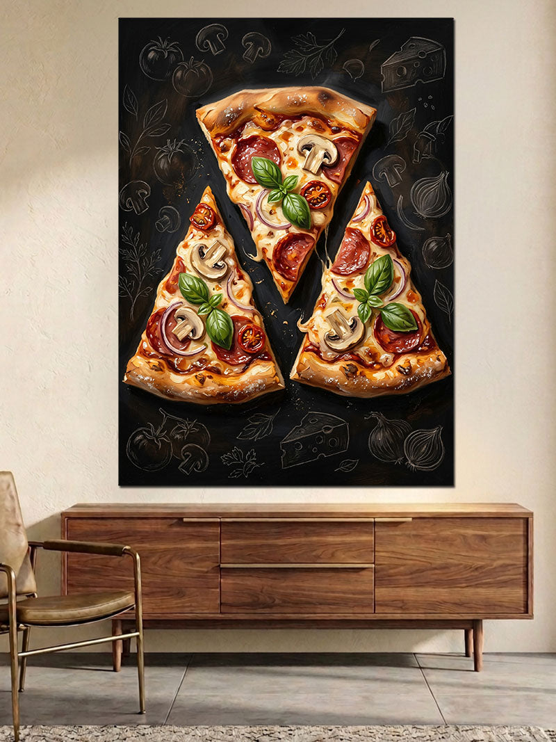 Siyah Zeminde İki Dilim Pizza Kanvas Tablo
