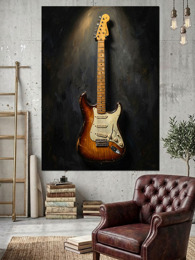 Karanlık Zeminde Klasik Elektro Gitar Kanvas Tablo