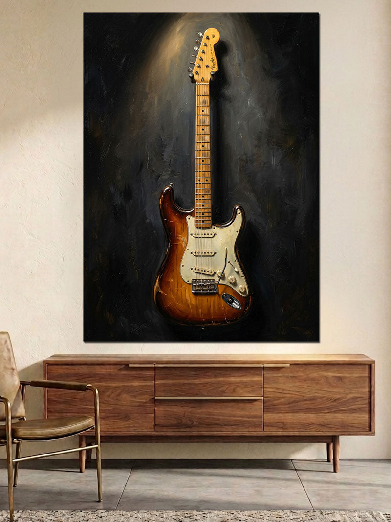Karanlık Zeminde Klasik Elektro Gitar Kanvas Tablo