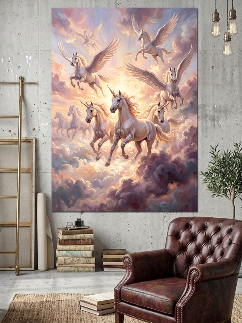 Bulutlar Arasında Uçan Unicornlar Ordusu Kanvas Tablo
