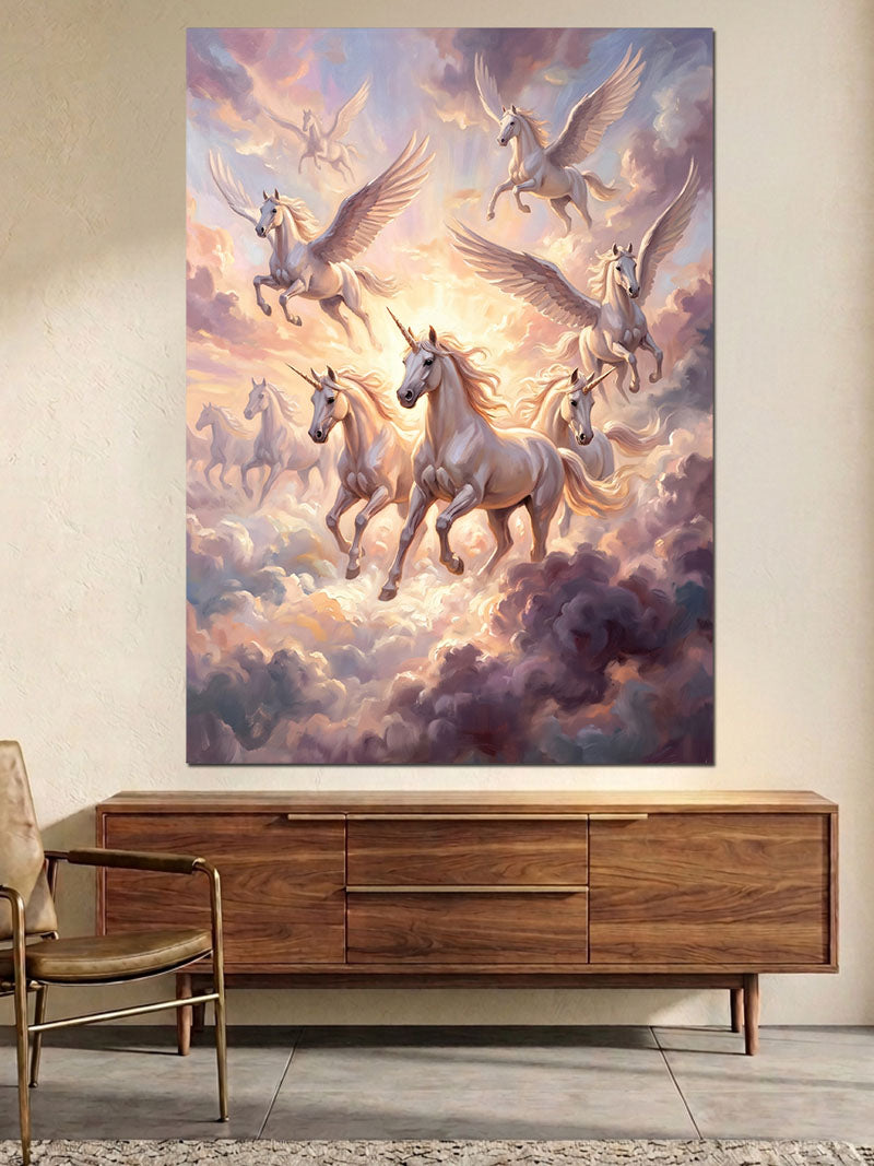 Bulutlar Arasında Uçan Unicornlar Ordusu Kanvas Tablo
