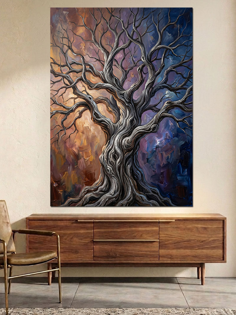 Yapraksız Kıvrımlı Heybetli Mor Ağaç Kanvas Tablo
