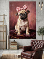Pembe Fiyonklu Sevimli Pug Köpek Kanvas Tablo