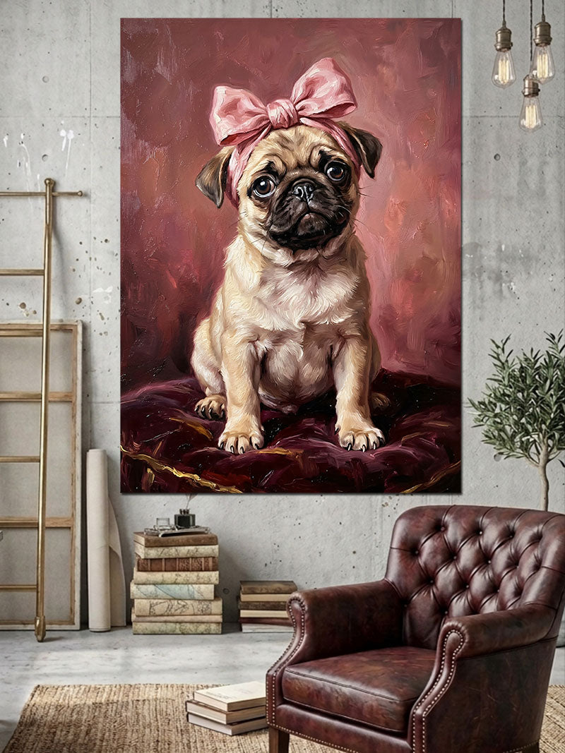 Pembe Fiyonklu Sevimli Pug Köpek Kanvas Tablo