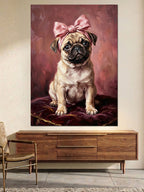 Pembe Fiyonklu Sevimli Pug Köpek Kanvas Tablo