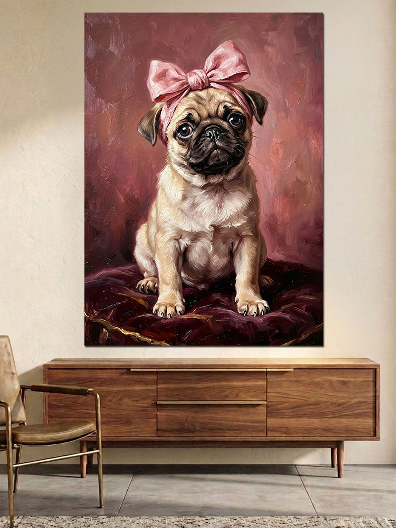 Pembe Fiyonklu Sevimli Pug Köpek Kanvas Tablo