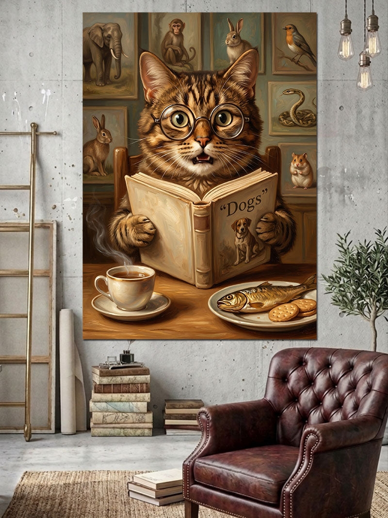 Kitap Okuyan Karizmatik Tekir Kedi Kanvas Tablo