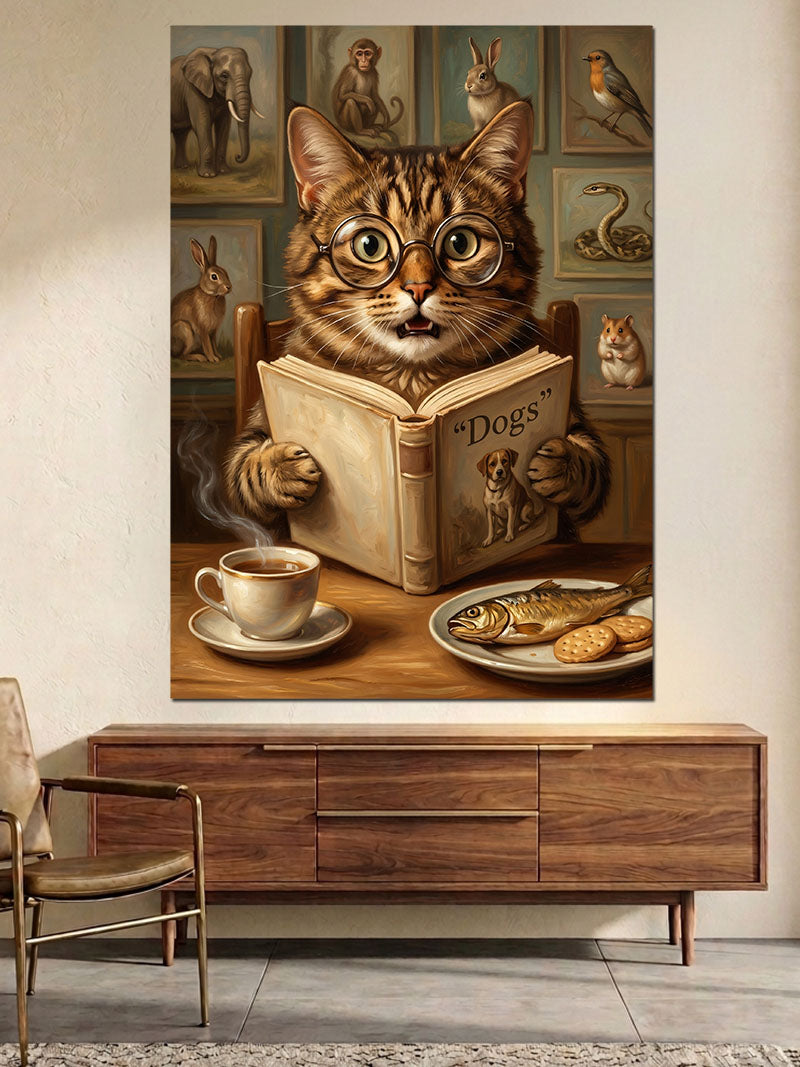 Kitap Okuyan Karizmatik Tekir Kedi Kanvas Tablo
