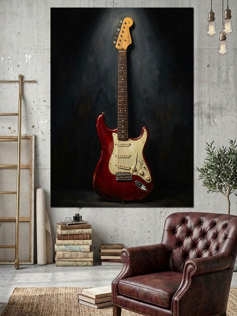 Siyah Zeminde Kırmızı Elektro Gitar Kanvas Tablo