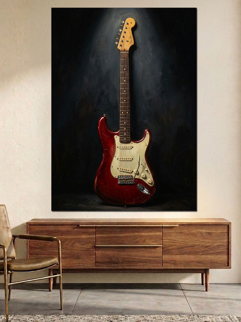 Siyah Zeminde Kırmızı Elektro Gitar Kanvas Tablo