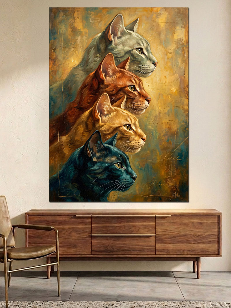 Yan Yana Duran Üç Renkli Kedi Kanvas Tablo