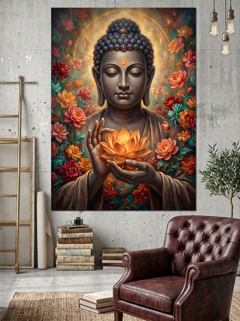 Çiçekler Arasında Meditasyon Yapan Buda Kanvas Tablo