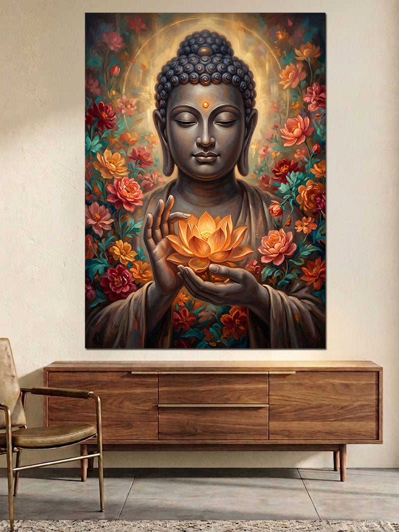 Çiçekler Arasında Meditasyon Yapan Buda Kanvas Tablo