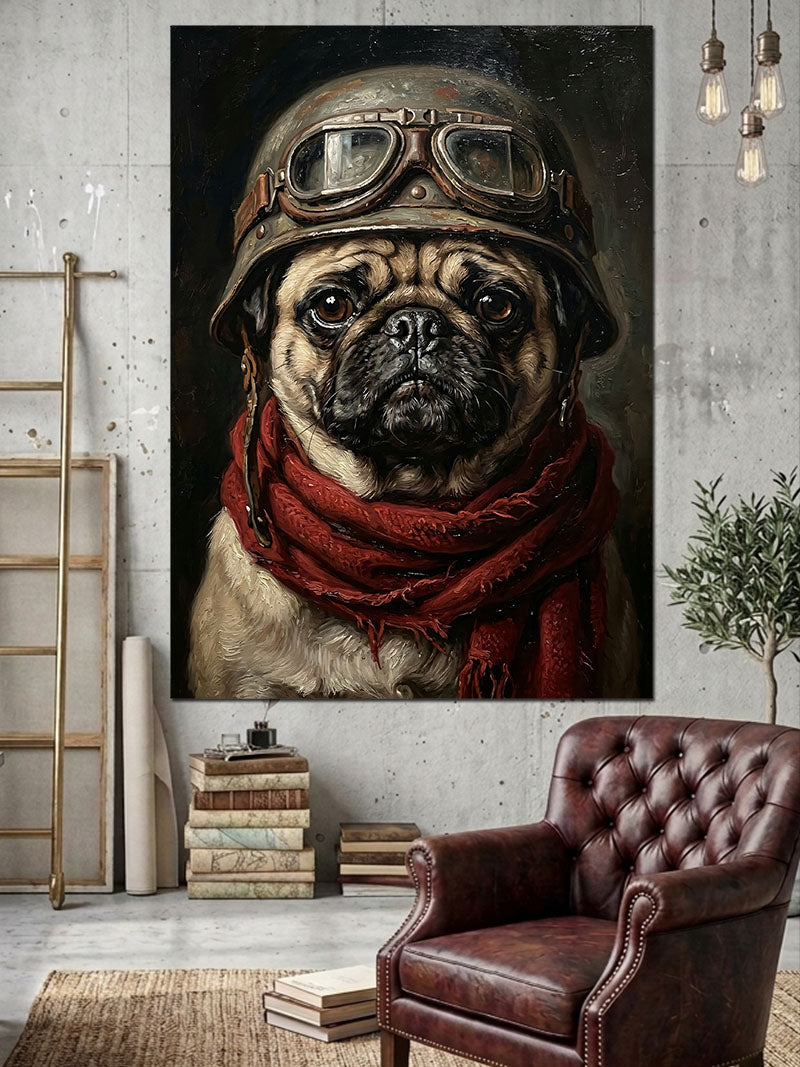 Pilot Kasklı Ve Atkılı Pug Kanvas Tablo