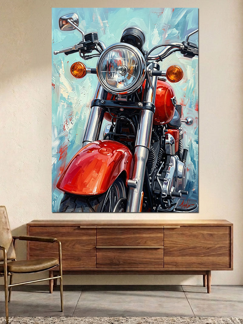Kırmızı Zeminde Klasik Motosiklet Portresi Kanvas Tablo