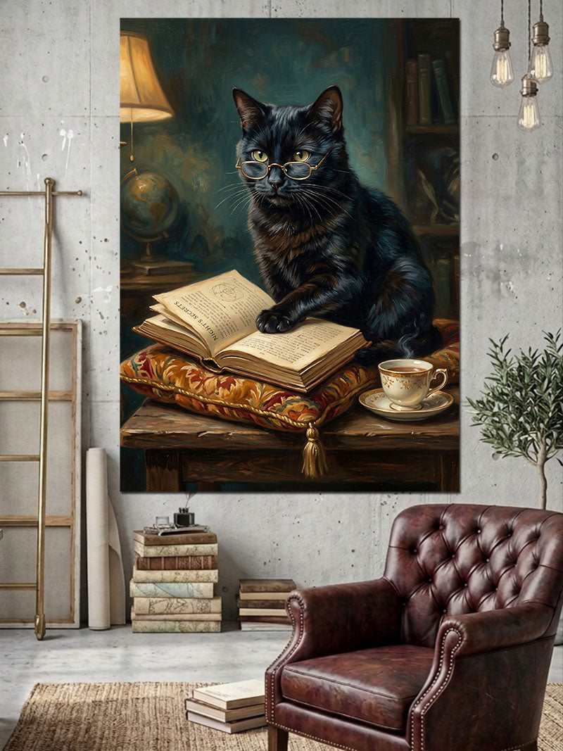 Kitap Okuyan Karizmatik Siyah Kedi Kanvas Tablo