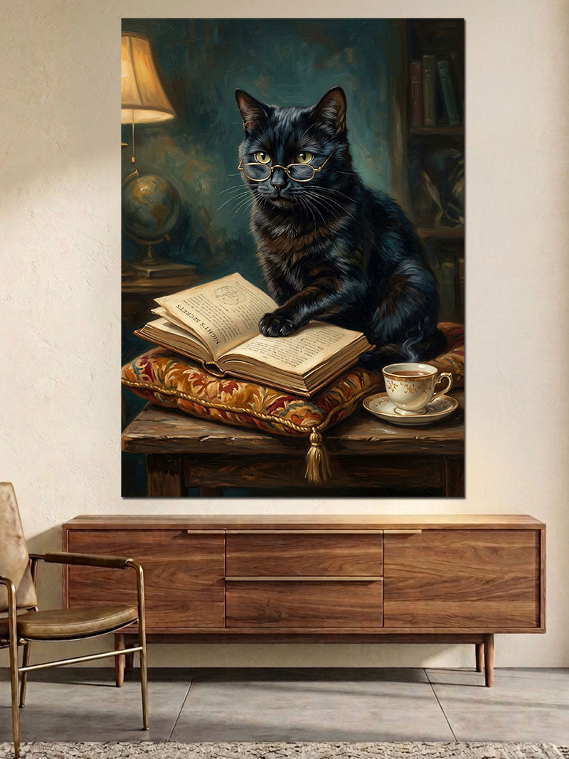 Kitap Okuyan Karizmatik Siyah Kedi Kanvas Tablo