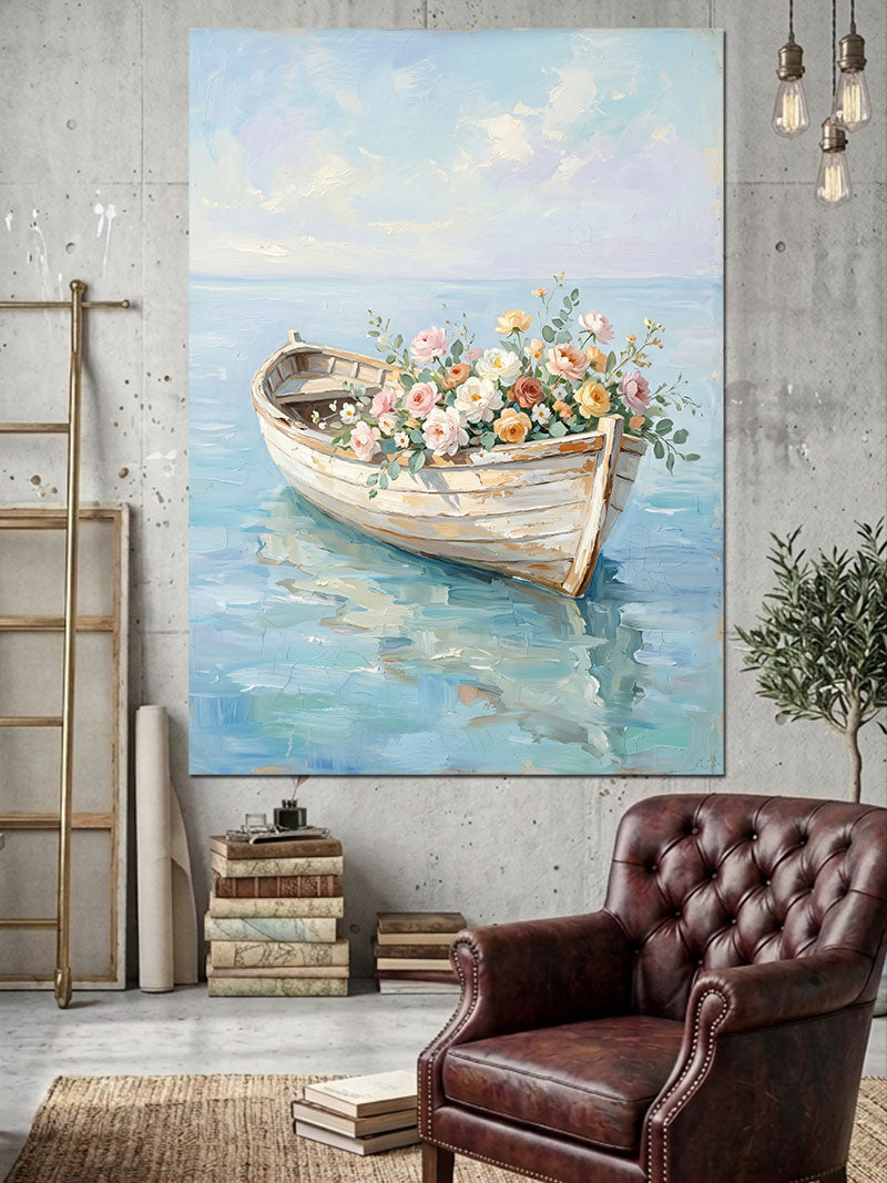 Çiçekli Sandalda Süzülen Beyaz Kayık Kanvas Tablo