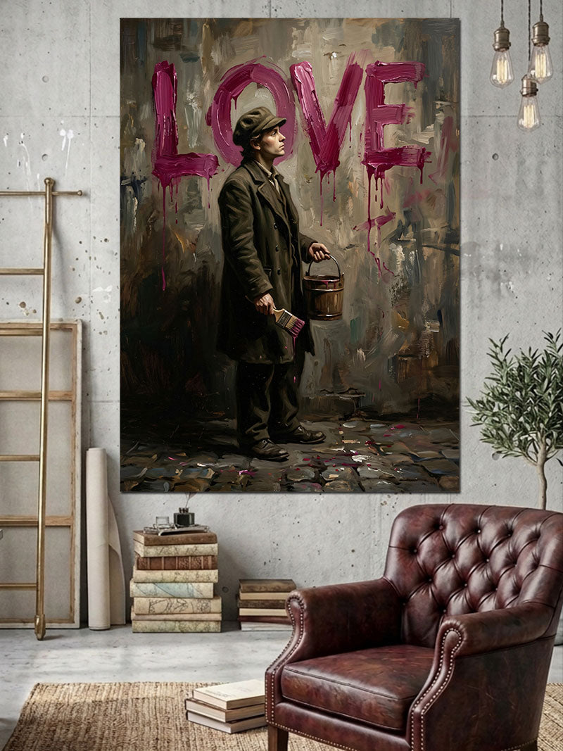 LOVE Yazılı Sokak Duvarında Adam Kanvas Tablo