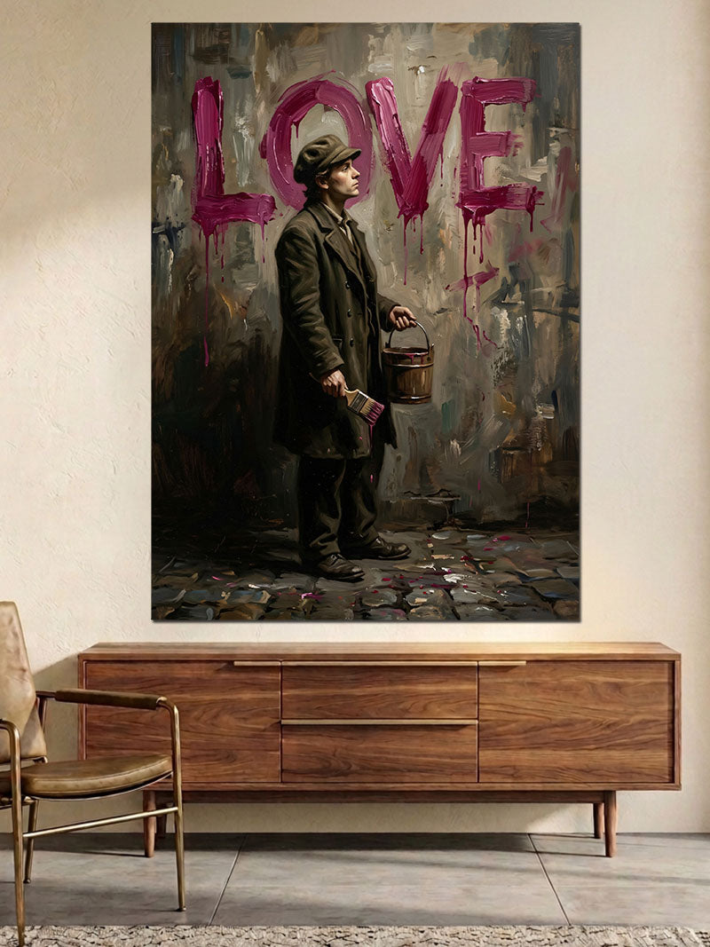 LOVE Yazılı Sokak Duvarında Adam Kanvas Tablo