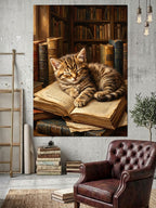Kitapların Üzerinde Uyuyan Yavru Kedi Kanvas Tablo