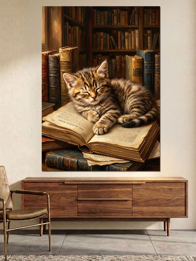 Kitapların Üzerinde Uyuyan Yavru Kedi Kanvas Tablo
