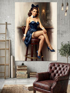 Taburede Oturan Karizmatik Pin-up Kadını Kanvas Tablo