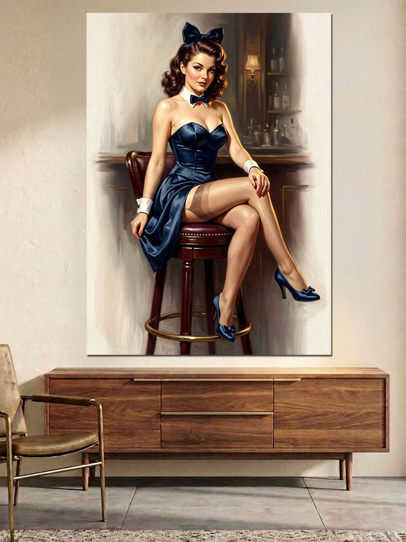 Taburede Oturan Karizmatik Pin-up Kadını Kanvas Tablo