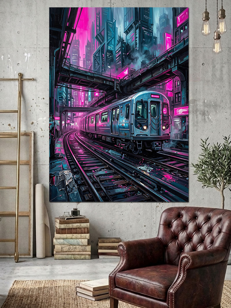 Gece Şehrinde Raylarda İlerleyen Tren Kanvas Tablo
