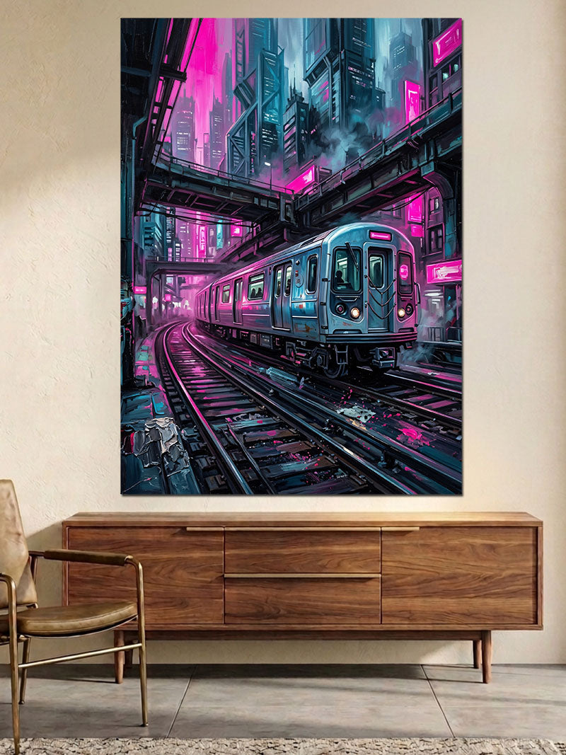 Gece Şehrinde Raylarda İlerleyen Tren Kanvas Tablo