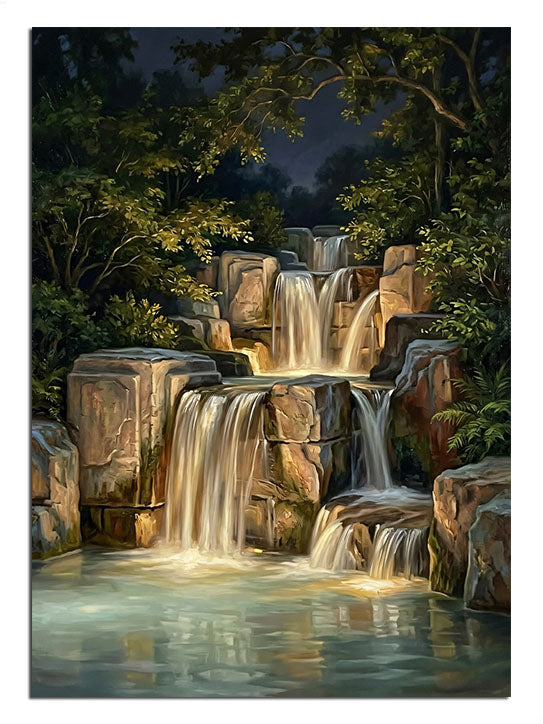 şelale, gece, ışık, doğa, huzur