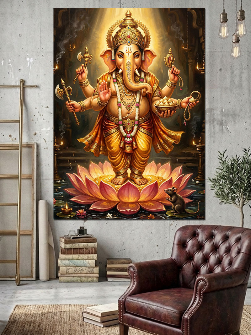 Lotus Üzerinde Altın Ganesha Heykeli Kanvas Tablo