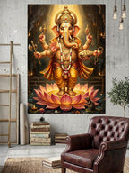 Lotus Üzerinde Altın Ganesha Heykeli Kanvas Tablo